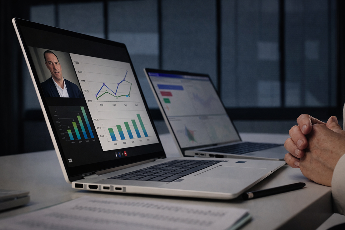 Someone sitting at a desk on a video call on a laptop