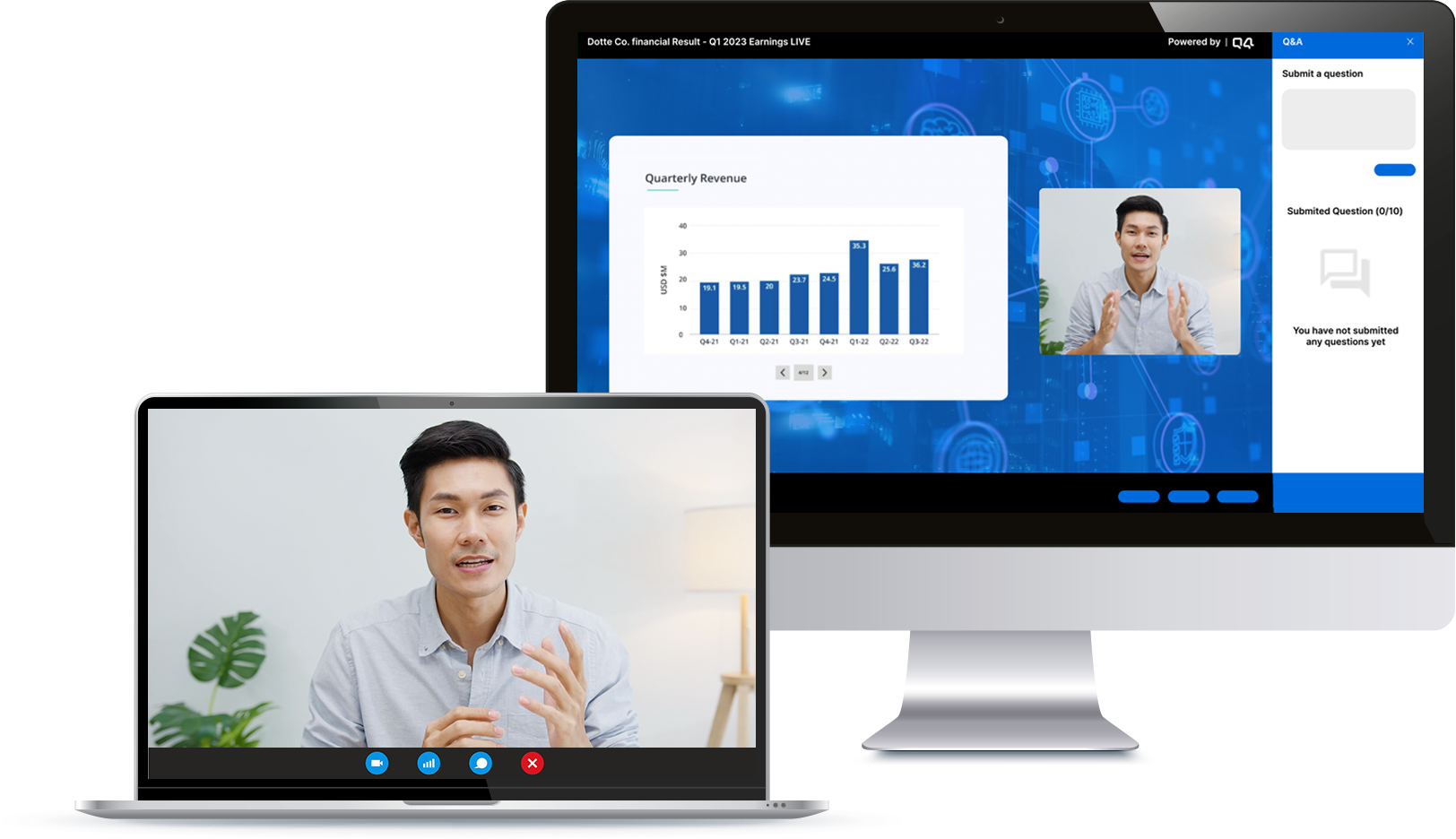 Image of a man on a Zoom video call and a desktop computer showing a chart and the same man